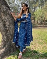 Indigo printed pure cotton suit