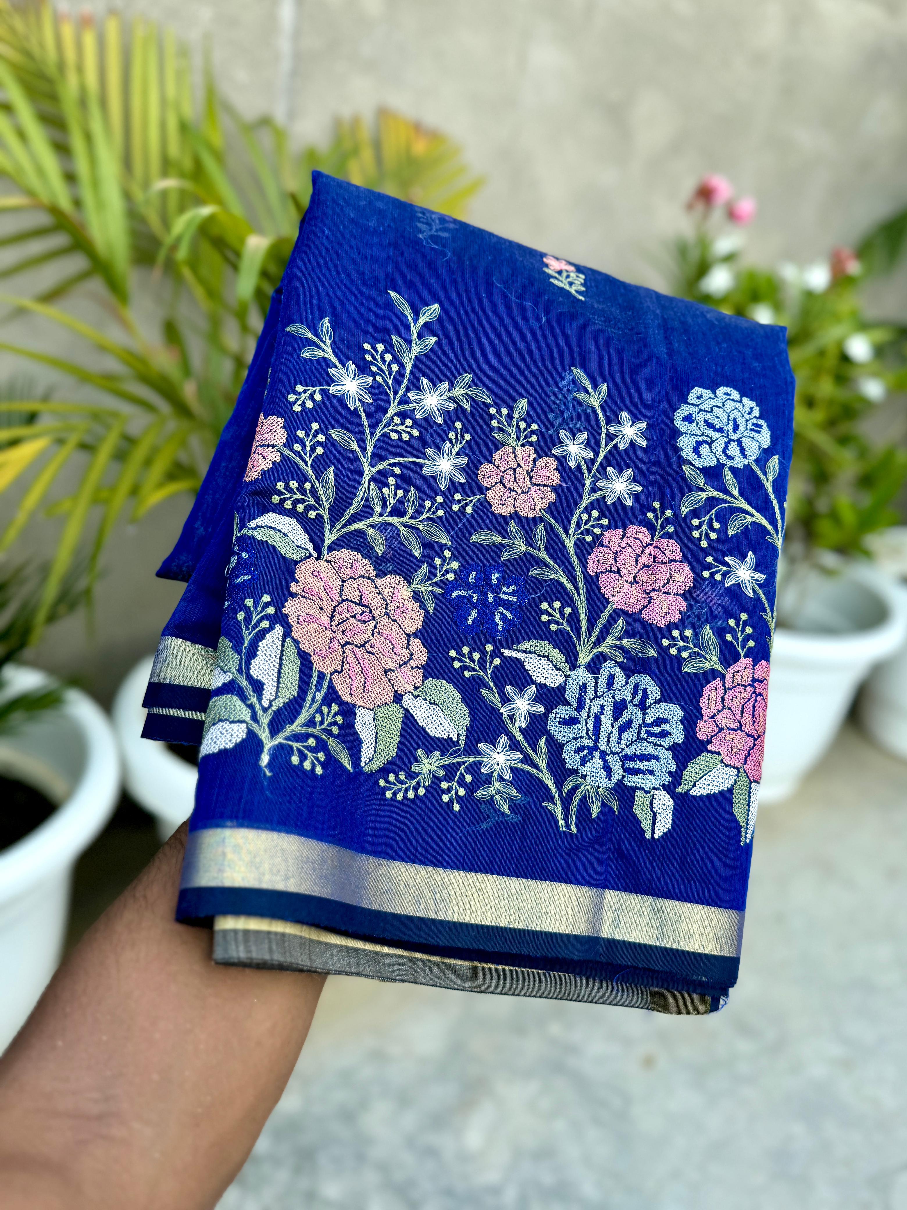 Banarasi Handloom Cotton Soft Embroidered Flowers Saree