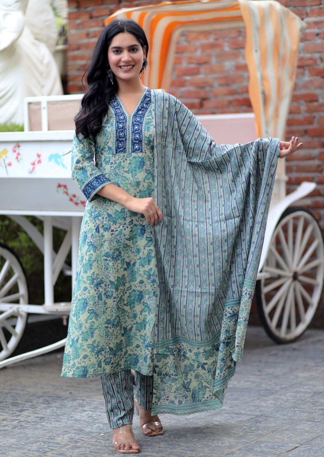 Printed kurti with hand sequence work with cotton