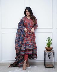 Printed long gown Kurti with pants and dupatta