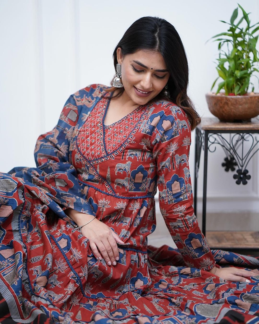 Printed long gown Kurti with pants and dupatta