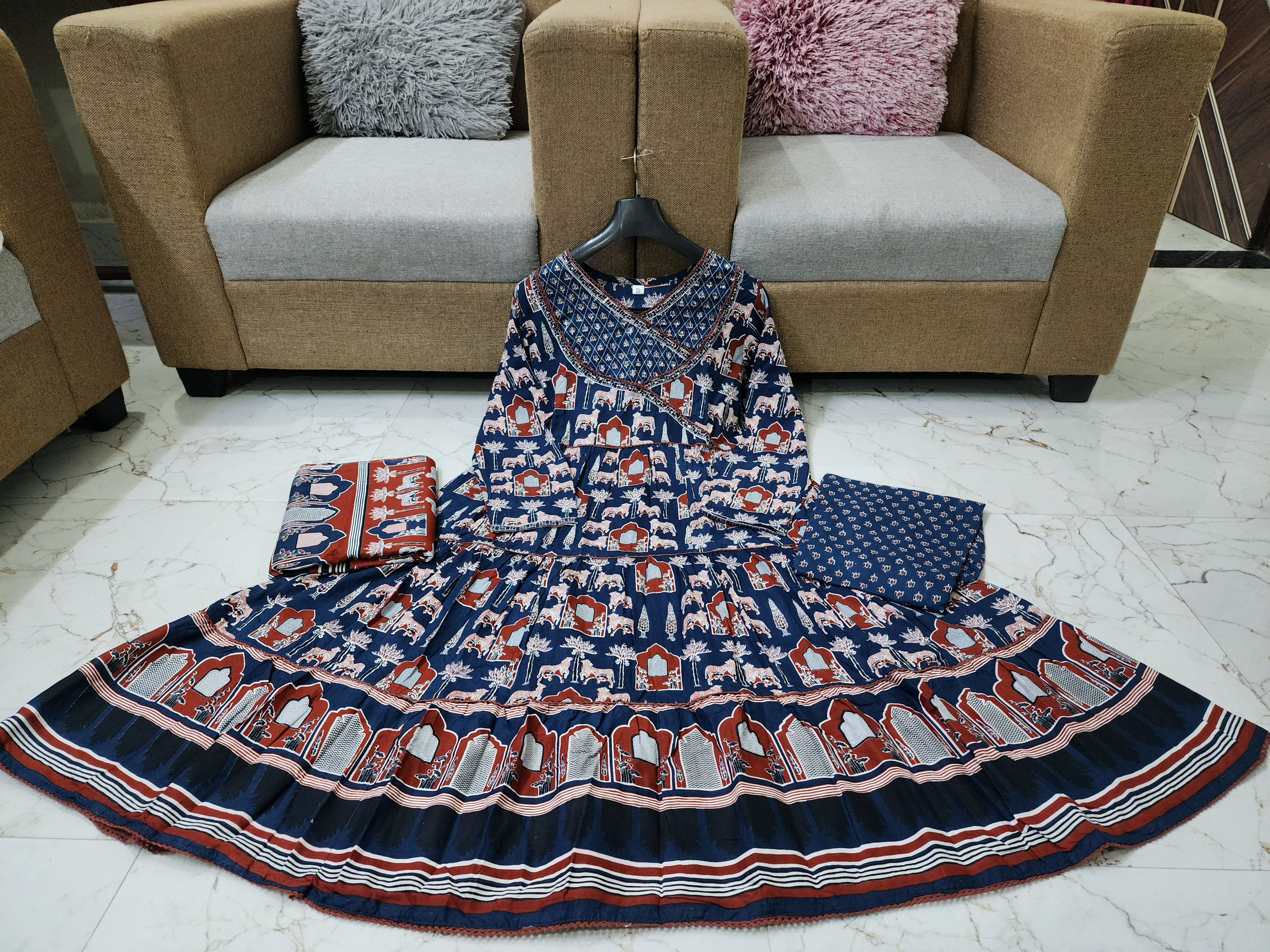 Printed long gown Kurti with pants and dupatta