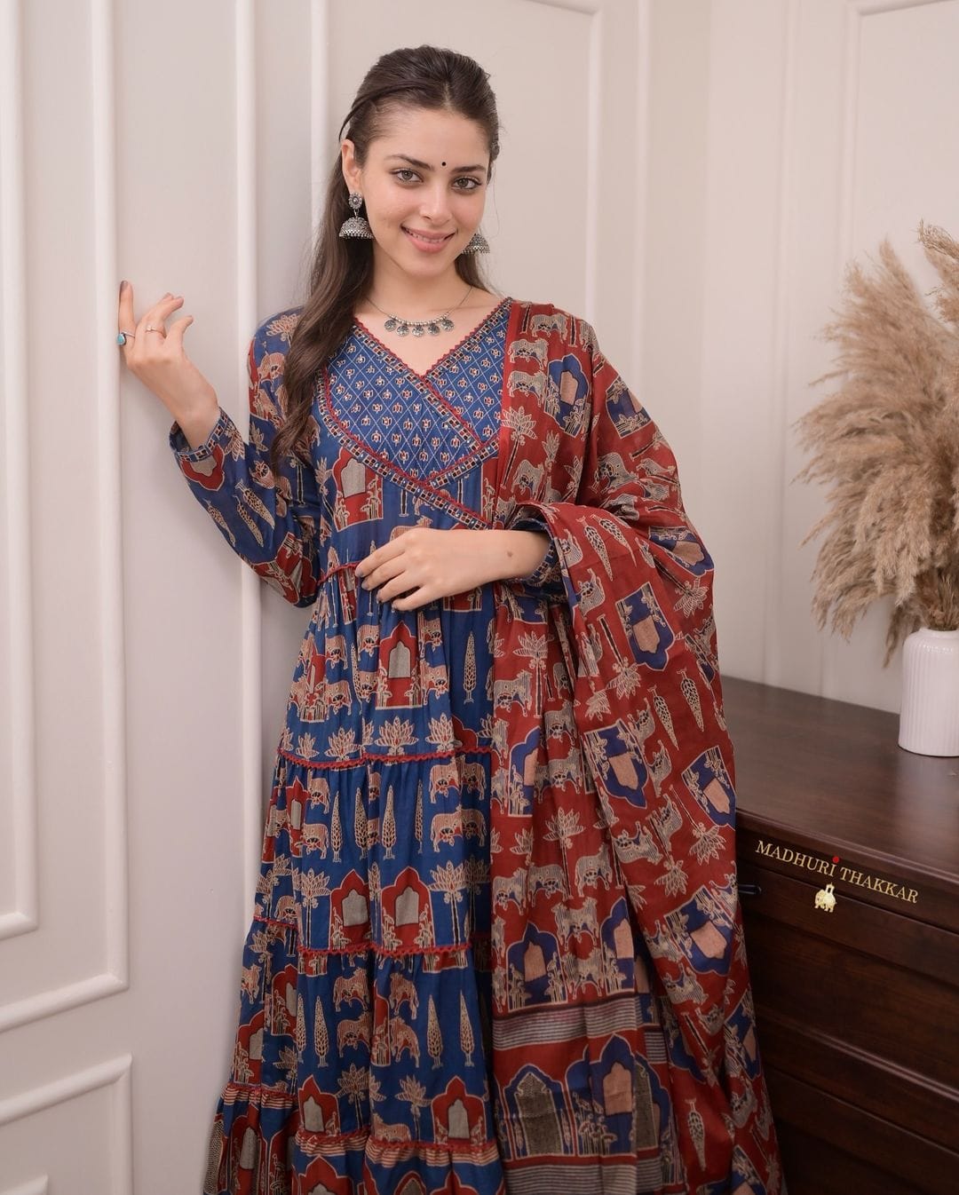 Printed long gown Kurti with pants and dupatta