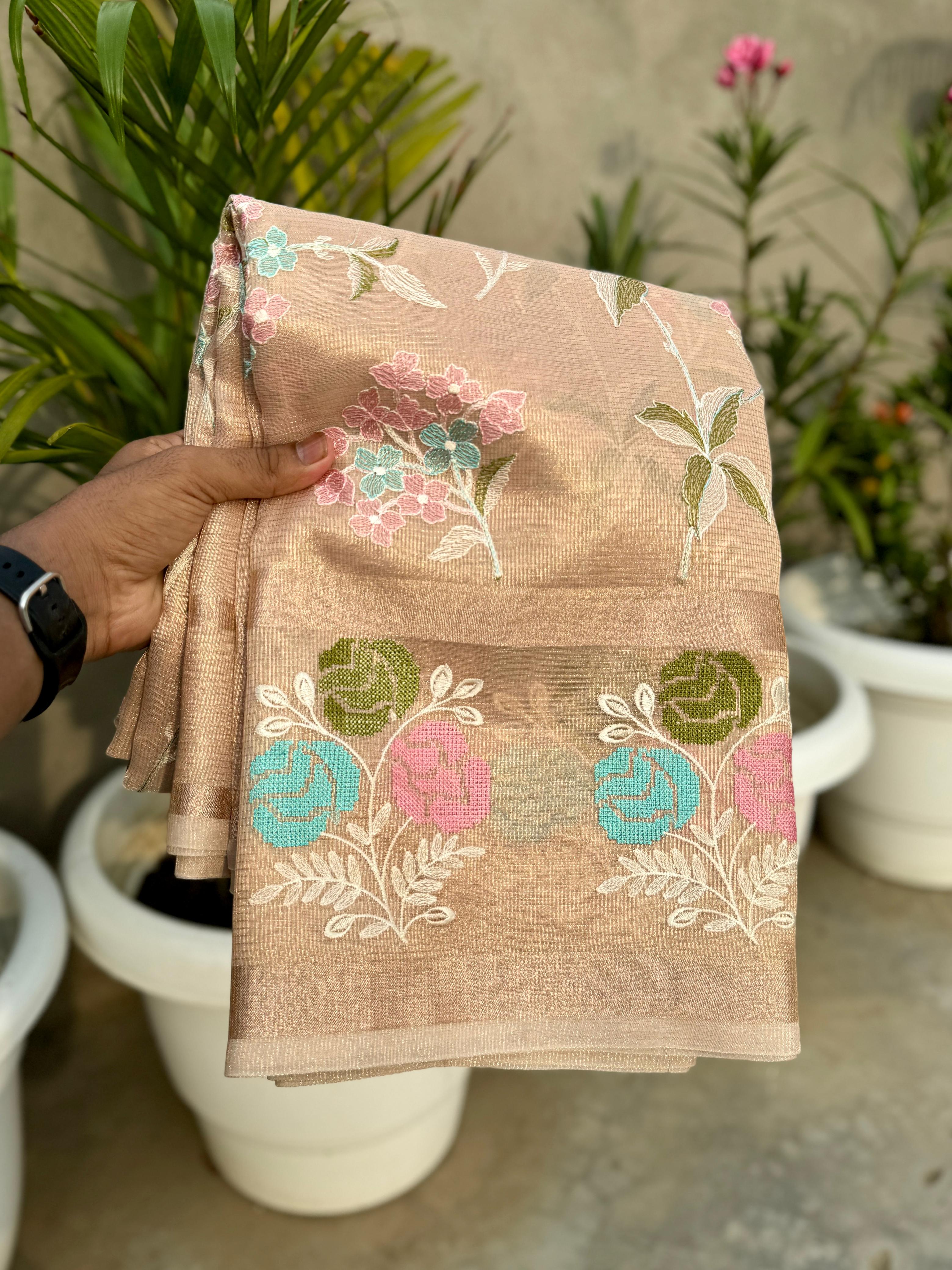 Stylish Banarasi handloom tissue embroidered flower design saree