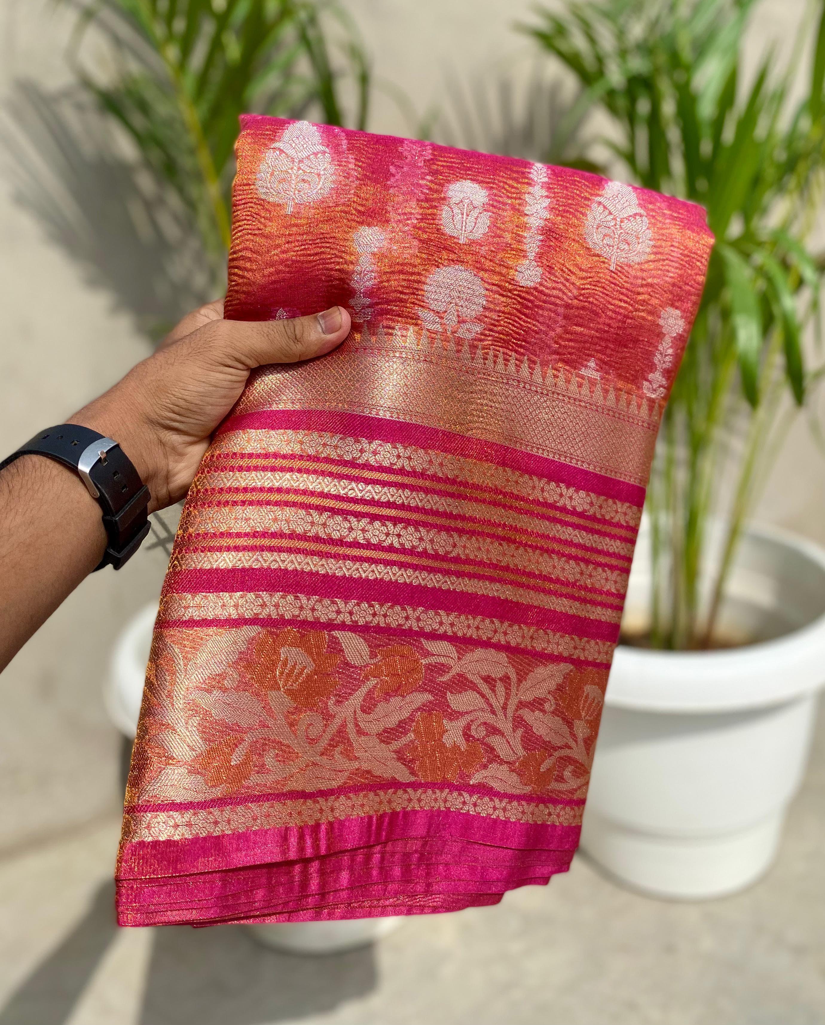 Banarasi tissue crushed Katan silk fabric saree